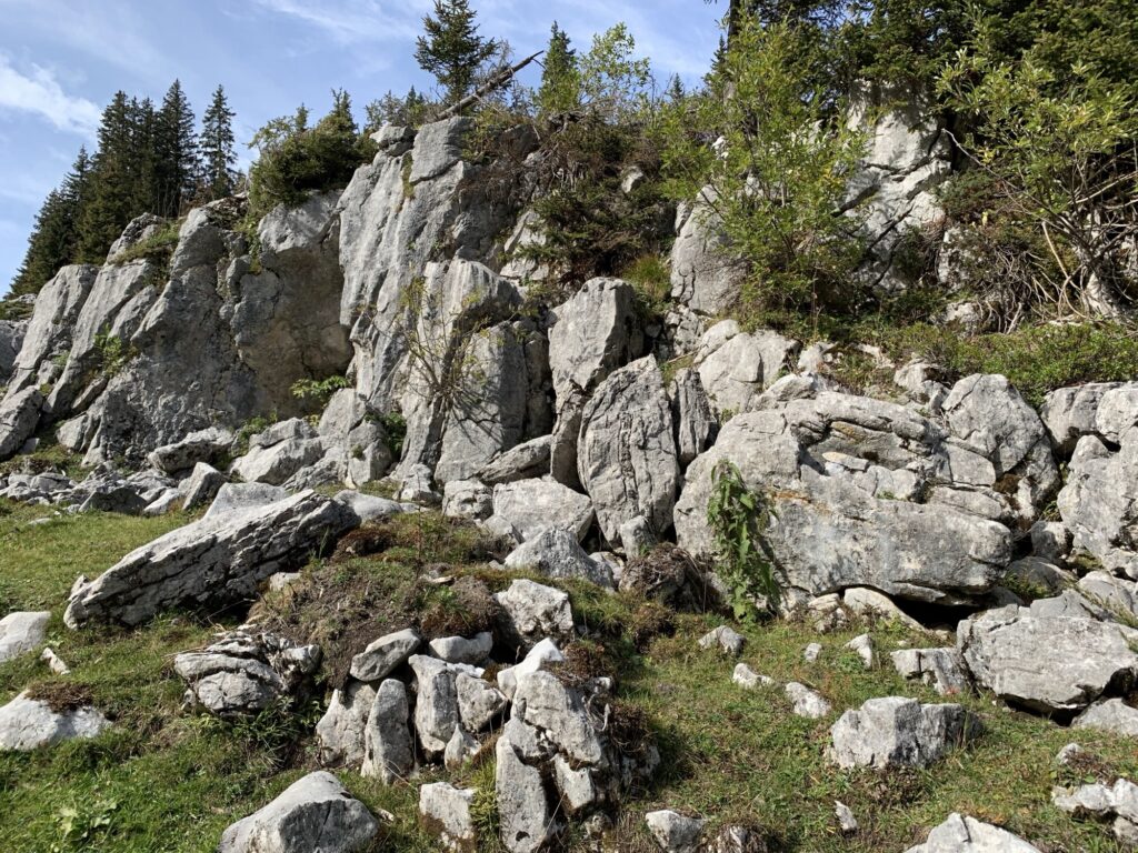 Felsige Passage mit markanten Kalksteinformationen am Wanderweg Richtung Chrindli, Berner Oberland.