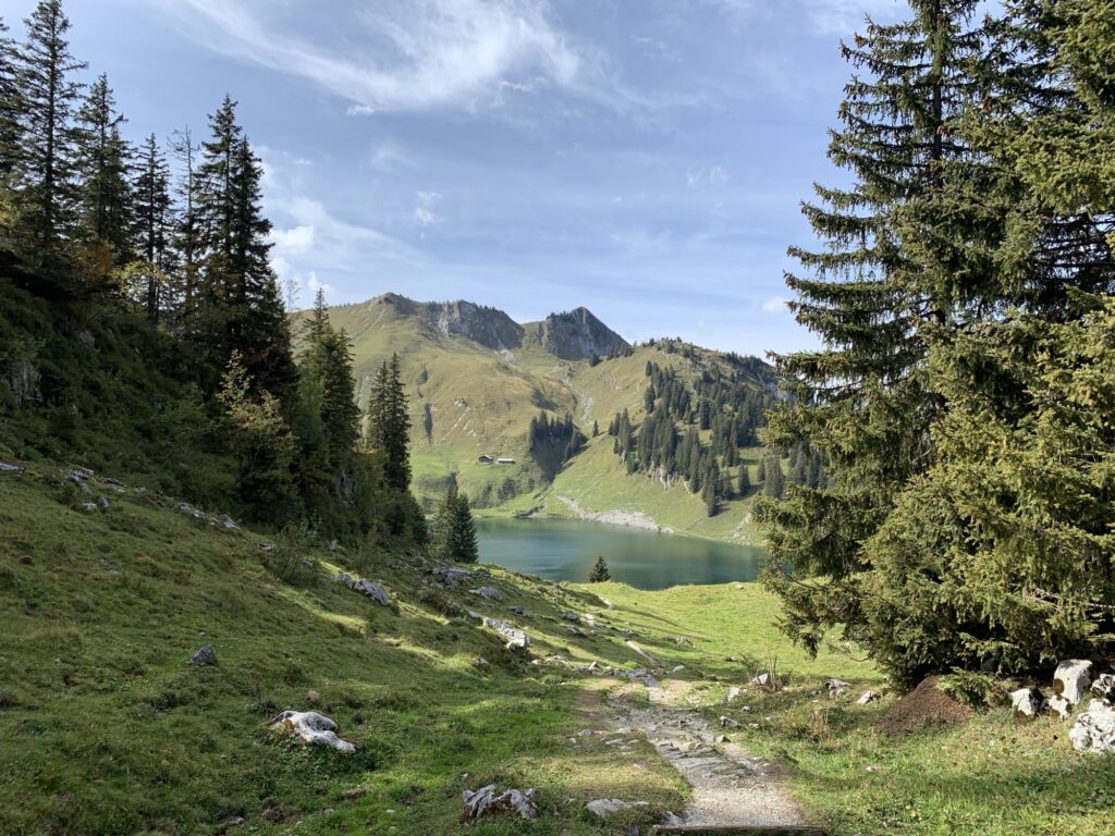 Alpiner Wanderweg mit Aussicht auf den Oberstockensee, eingebettet in die Berglandschaft des Berner Oberlands.