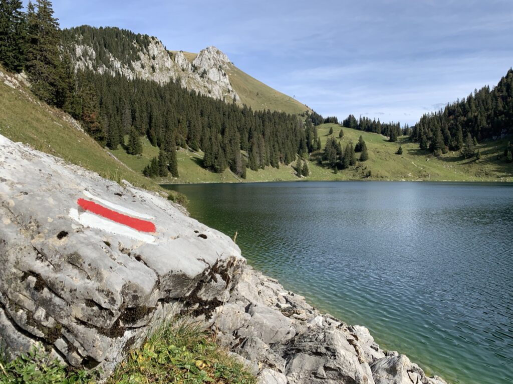 Oberstockensee mit rot-weißer Wanderwegmarkierung auf einem Felsen, dahinter Wiesenhänge und Wälder am Stockhorn.