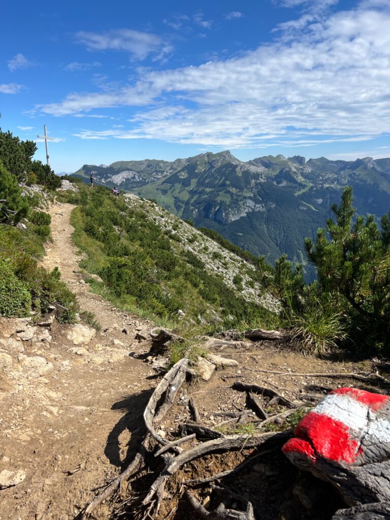 Gipfelweg zum Kreuz: Schmaler, felsiger Pfad mit rot-weißer Markierung, Blick auf umliegende Berggipfel.
