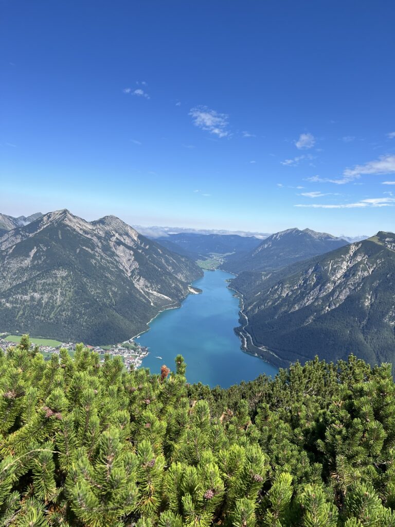 Aussicht über den ganzen Achensee: Klare Sicht auf See und Berge, grüne Wälder und steile Hänge prägen das Panorama.
