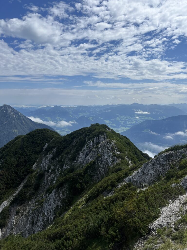 Felsiger Grat beim Bärenkopf: Scharfe Kalkformationen mit Latschenkiefern, dahinter weite Berglandschaft unter leicht bewölktem Himmel.