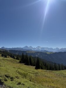 Aussicht auf die verschneiten Gipfel von Eiger, Mönch und Jungfrau von der Lombachalp aus – Sonnenstrahlen über den Alpen.