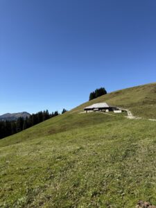 Alphütte auf der sonnigen Flanke des Winterröst, umgeben von grünen Weiden und tiefblauem Himmel.