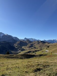 Panoramablick über das grüne Tal Richtung Adelboden – sanfte Hügel und erste Schneereste auf den Gipfeln.