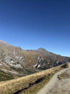 Wanderweg am Grat mit Blick auf graue Kalkwände – eindrückliches Bergpanorama am Blumenweg oberhalb Adelboden.
