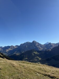 Weite Sicht auf die Berner Alpen – sanfte Hänge, tiefblaue Fernsicht und erste Schneespitzen auf den Gipfeln.