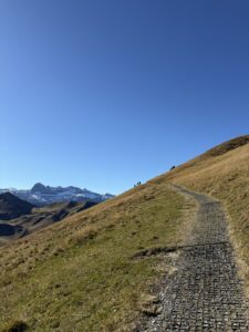 Wanderweg am steilen Grashang mit Blick auf die schneebedeckten Alpen – sanfter Aufstieg Richtung Silerbühl unter klarem Herbsthimmel.
