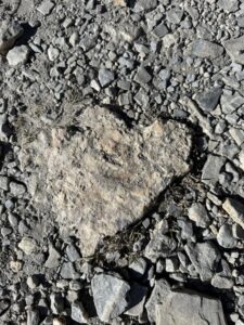 Herzförmiger Stein im Wanderweg – liebevolles Detail am Wegesrand auf dem Blumenweg beim Hahnenmoospass.