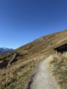 Wanderweg mit Berghütte am Hang – ruhige Raststelle mit Aussicht auf das Engstligental und die umliegenden Gipfel.