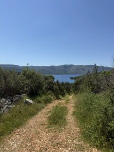 Schmaler Naturweg führt bergab zum Meer, umgeben von grünem Buschwerk und Blick auf die Bucht.