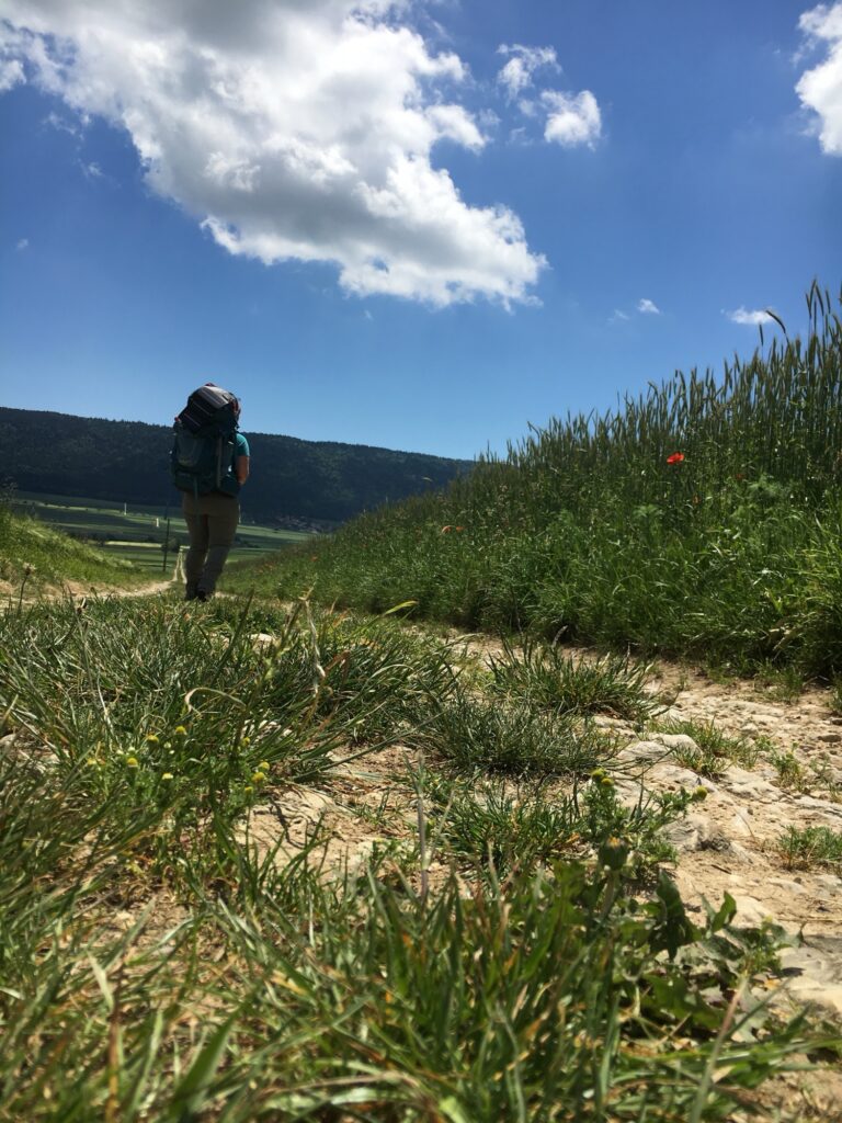 Wanderin mit Rucksack: Person mit großem Rucksack wandert einen steinigen Feldweg entlang, rechts und links hohe Getreidefelder, darüber blauer Himmel mit einer weißen Wolke.