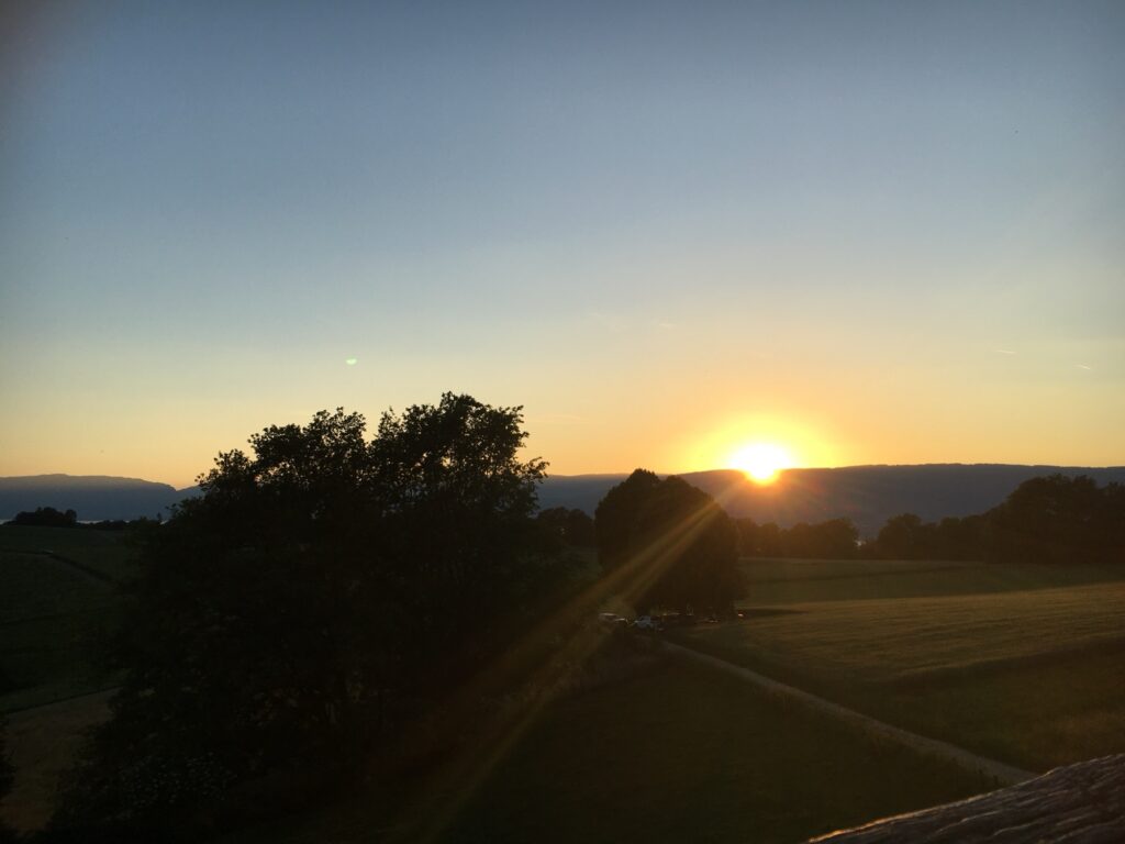 Sonnenuntergang: Sonne geht über einer Wiese unter, lange goldene Strahlen durchbrechen den Himmel.