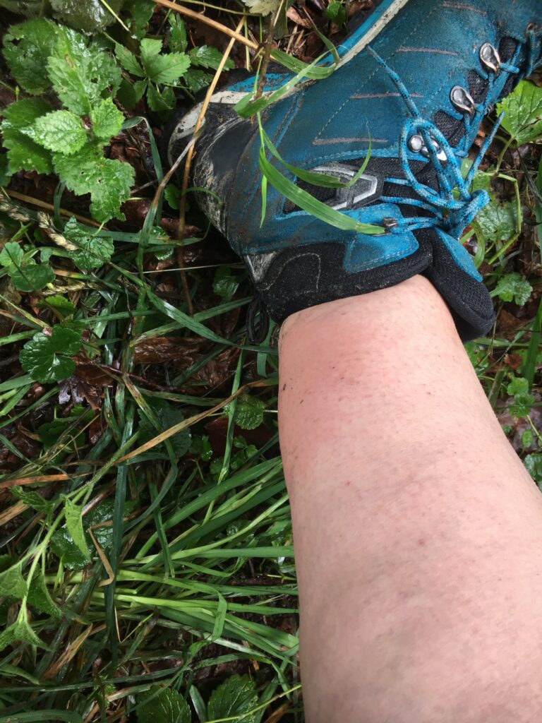 Wanderschuh im nassen Gras – ein Zwischenstopp auf dem Trail nach einem rutschigen Abschnitt.