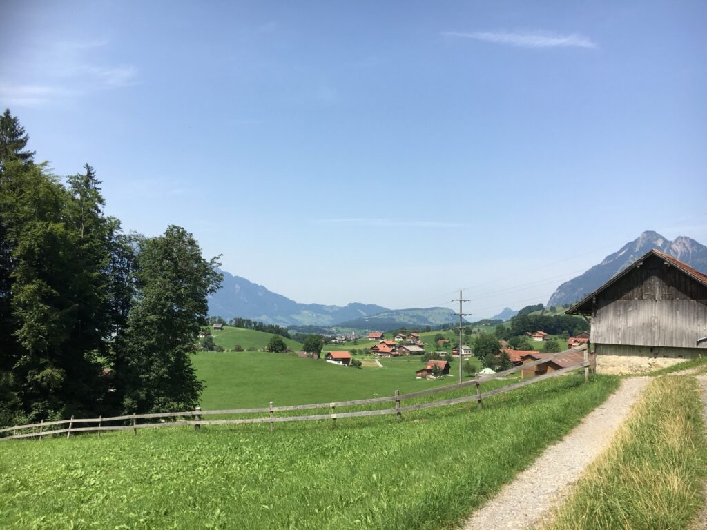 Blick auf Dorf und Berge: Grünes Tal mit verstreuten Bauernhäusern, dahinter die Bergkette unter blauem Himmel.