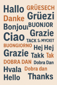 Illustration einer Wortwolke mit Begrüssungen und Dankesworten in verschiedenen Sprachen – darunter Hallo, Grüezi, Bonjour, Ciao, Gracias, Tack und Thanks – im modernen Blau-Orange-Design auf hellem Hintergrund.