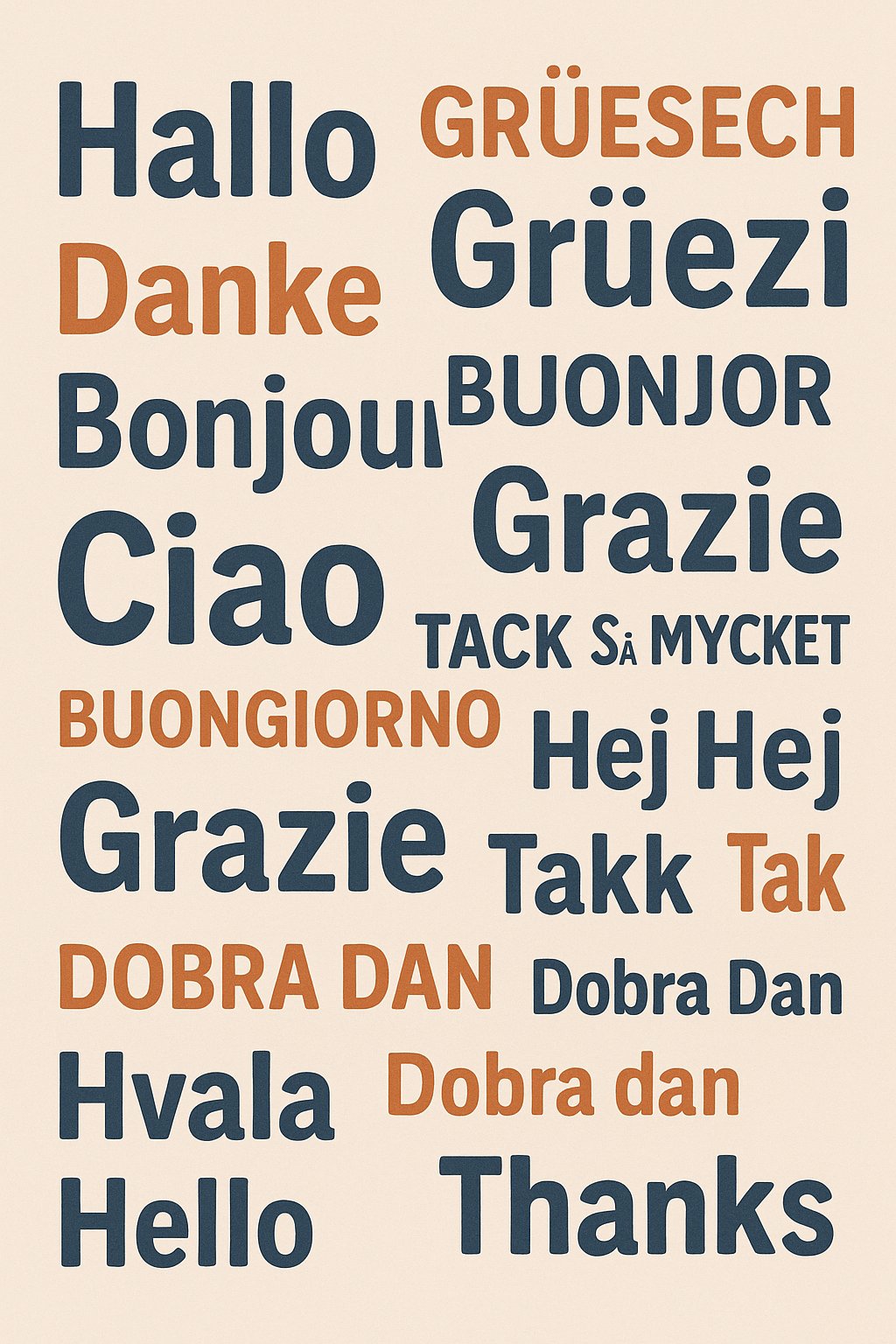 Illustration einer Wortwolke mit Begrüssungen und Dankesworten in verschiedenen Sprachen – darunter Hallo, Grüezi, Bonjour, Ciao, Gracias, Tack und Thanks – im modernen Blau-Orange-Design auf hellem Hintergrund.