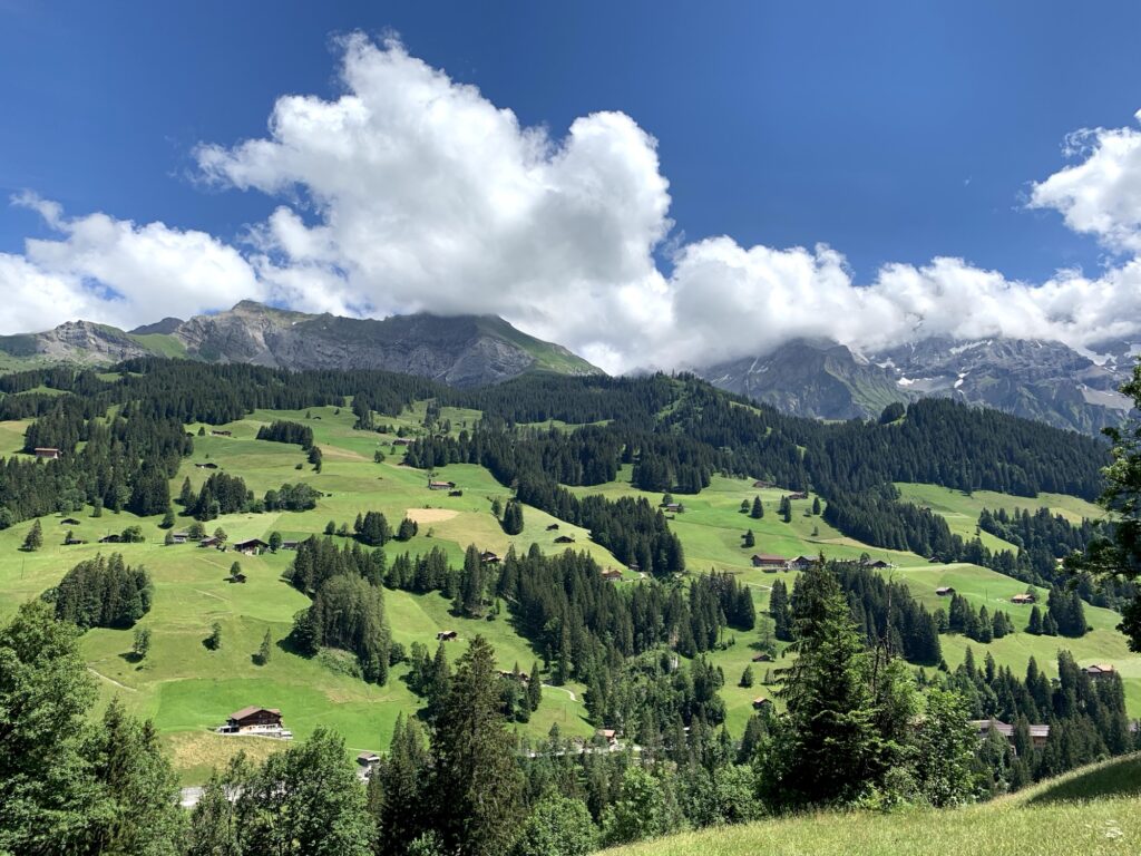 Panoramablick auf die Berner Alpen bei Adelboden mit grünen Wiesen und traditionellen Chalets.