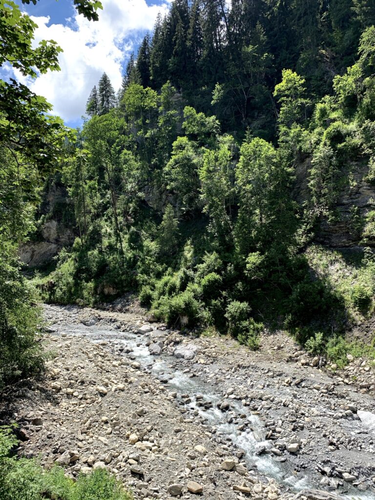Flussbett mit Steinen und klarem Wasser unterhalb der Cholerenschlucht Adelboden.