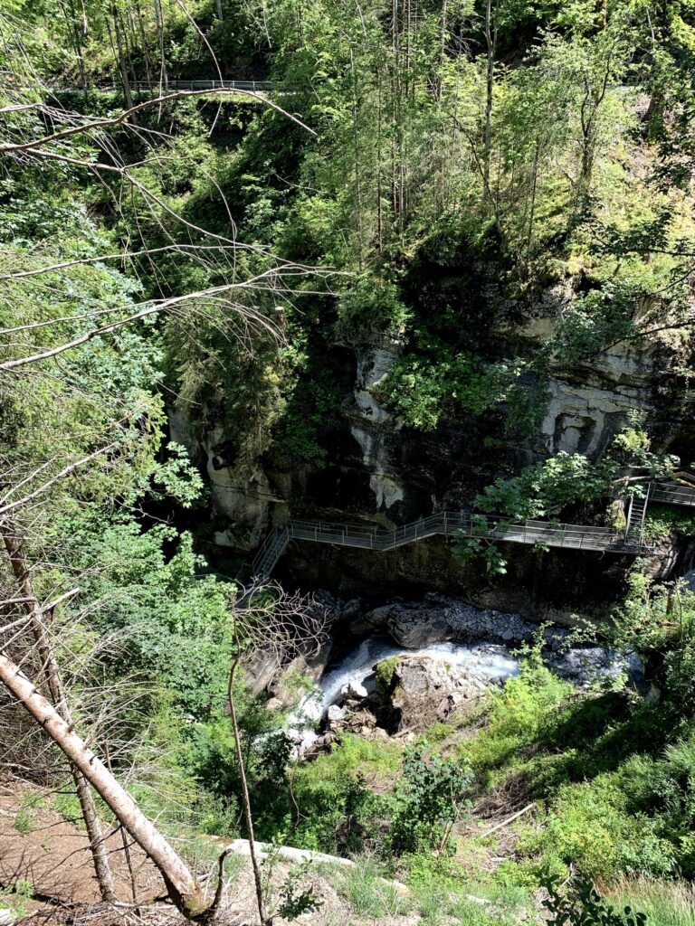 Aussicht von oben auf die Cholerenschlucht Adelboden mit Stegen und Wasserfall zwischen Bäumen.