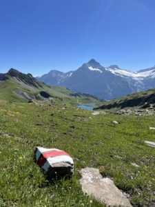Wanderwegmarkierung vor dem Panorama mit Bachalpsee und den Berner Oberländer Gipfeln auf der First–Axalp-Route.