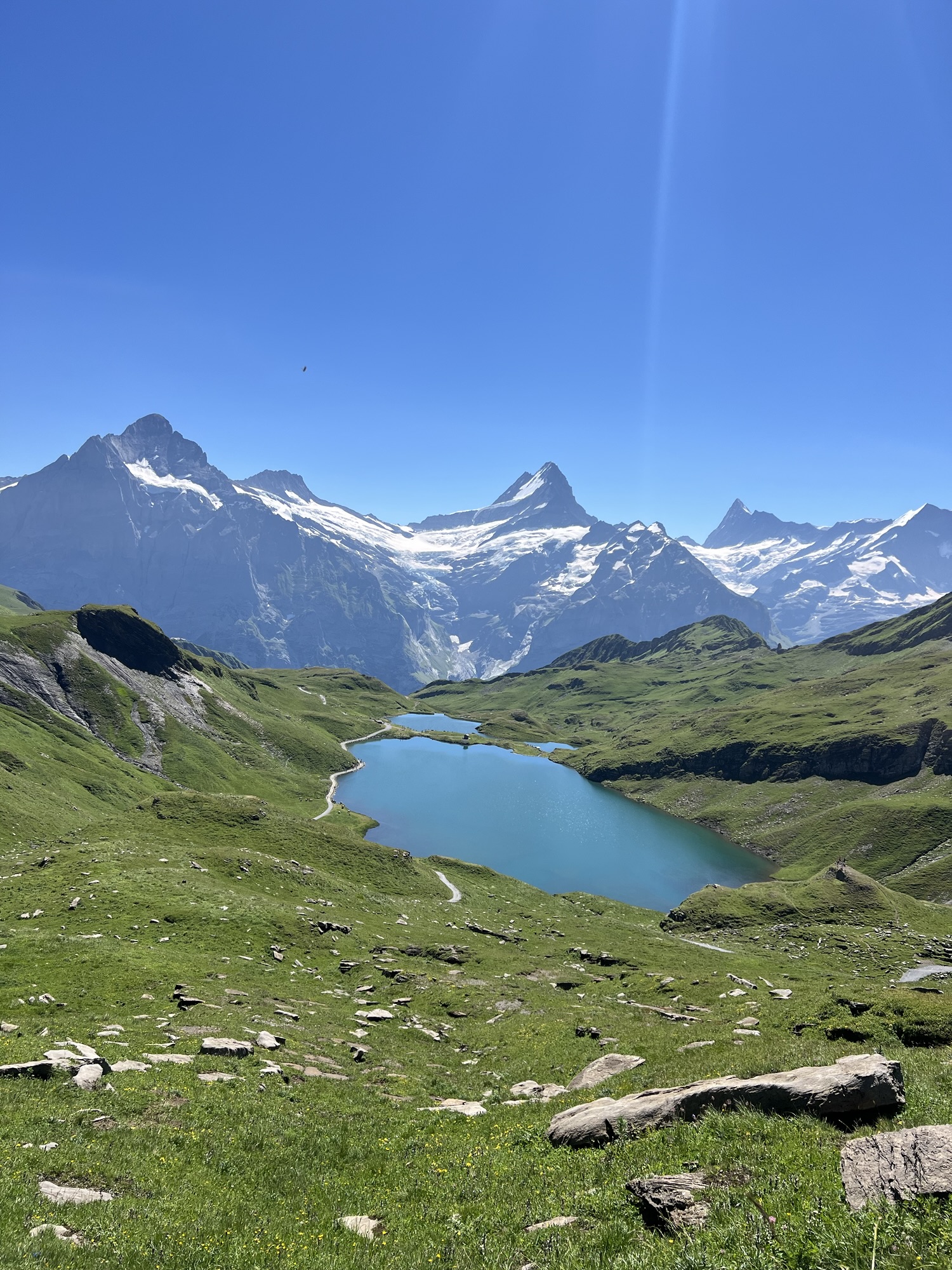 Blick auf türkisblauen Bachsee (Bachalpsee) mit schneebedeckten Gipfeln im Hintergrund auf der First–Axalp-Route.