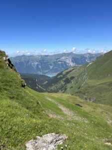 Aussicht ins Tal mit Bergsee und den markanten Berner Oberländer Gipfeln auf der Wanderung First–Axalp.