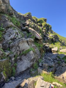 Steiler, felsiger Wanderpfad mit rot-weisser Markierung auf der Route Grindelwald First–Axalp.