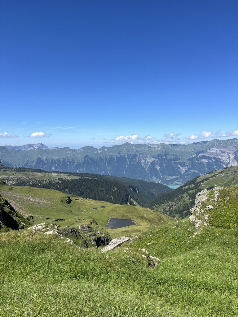 Blick über die grünen Hänge und Bergseen zwischen Grindelwald First und Axalp mit Weitblick ins Berner Oberland.