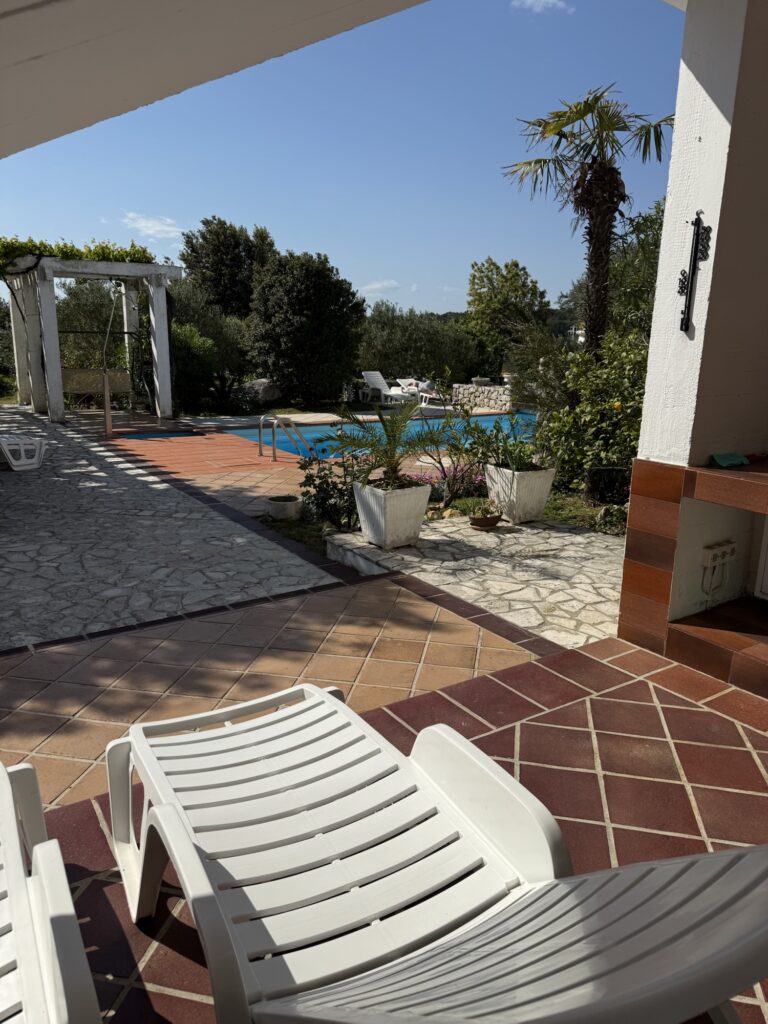Poolbereich eines hundefreundlichen Airbnbs in Kroatien mit Liegen, mediterranen Pflanzen und schattiger Terrasse