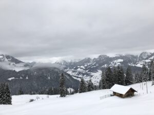 Verschneite Alphütte auf dem Springenboden mit Winterlandschaft im Naturpark Diemtigtal