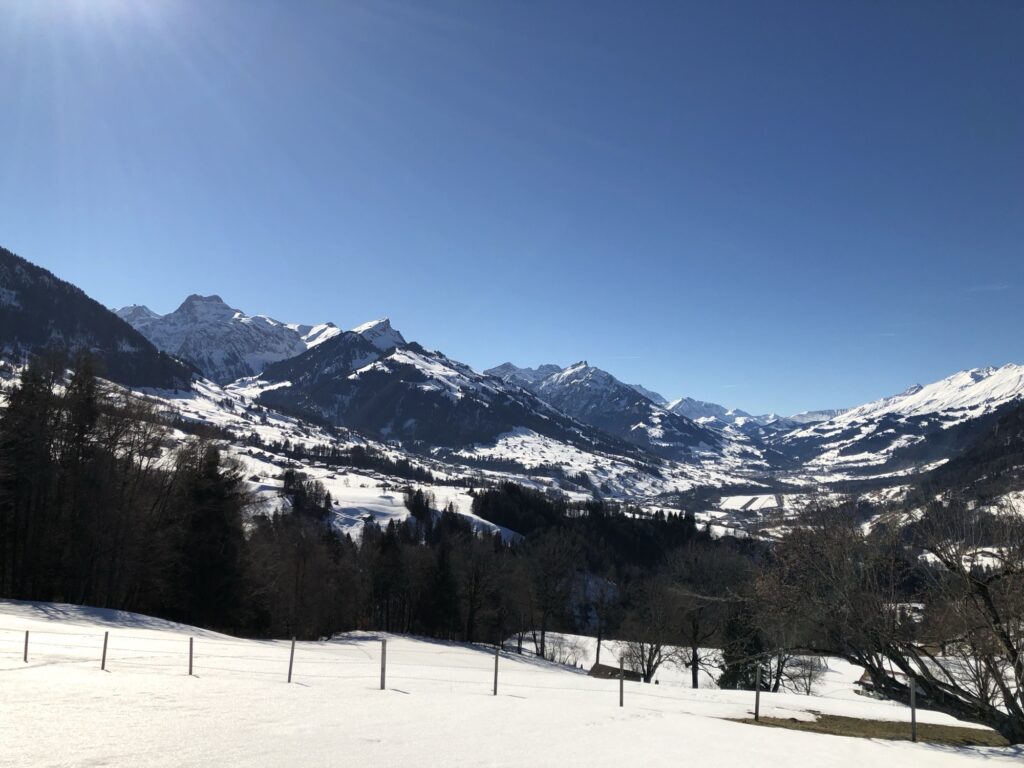Winterliche Aussicht bei Aeschiried mit Blick über verschneite Hügel und Berge im Berner Oberland
