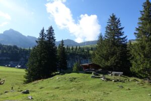 Alplandschaft bei der Älggialp nahe dem Mittelpunkt der Schweiz mit Sitzbank und Bergblick