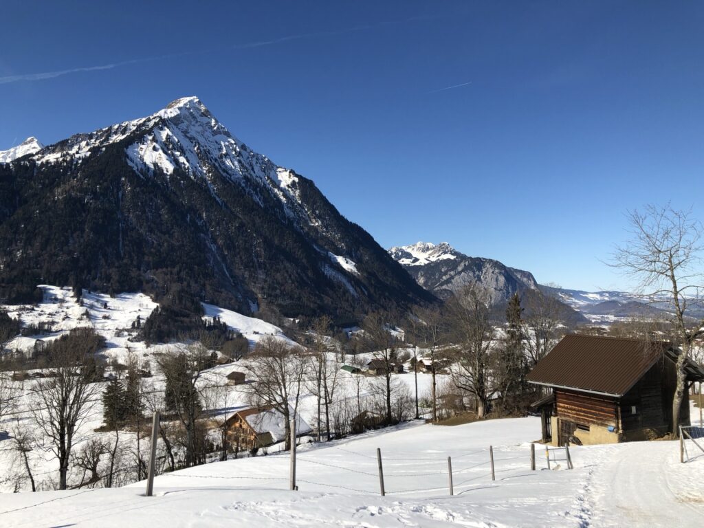 Winterlicher Wanderweg in Aeschiried mit Blick auf verschneite Berge im Berner Oberland