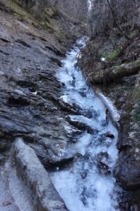 Vereister Bachlauf entlang des Winterwanderwegs bei Grütschalp im Lauterbrunnental – schmaler, natürlicher Abschnitt auf der Winterwanderung nach Gimmelwald