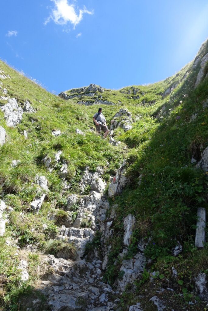 Technisch anspruchsvoller Wanderweg mit Felsstufen oberhalb der Älggialp