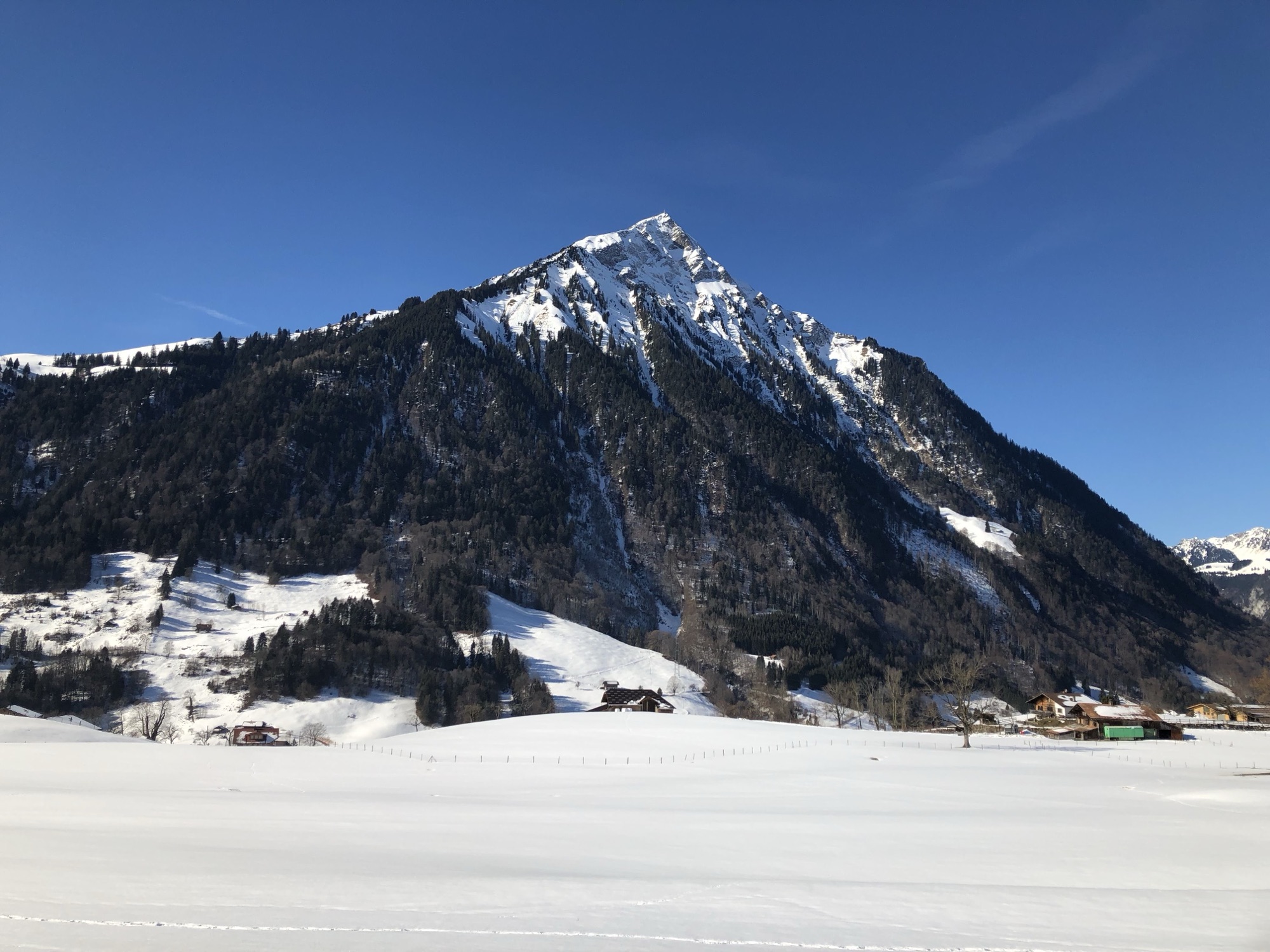 Präparierter Winterwanderweg in Aeschiried mit Panorama auf den Niesen und das Frutigtal