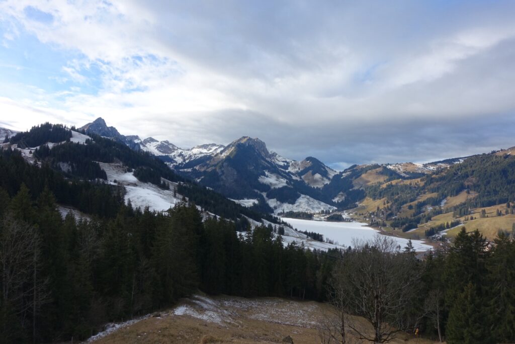 Panoramablick vom Hohberg Richtung Schwarzsee mit gefrorenem See und Freiburger Voralpen im Winter