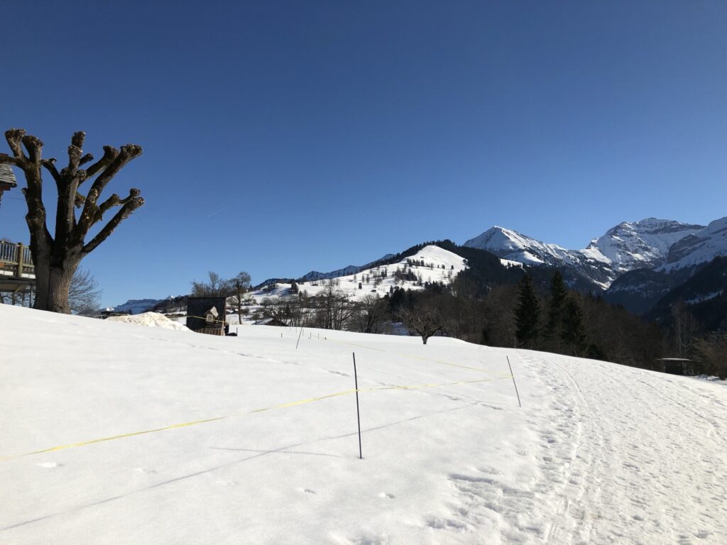 Sanfte Winterwanderung bei Aeschiried mit Blick über verschneite Wiesen und Berge