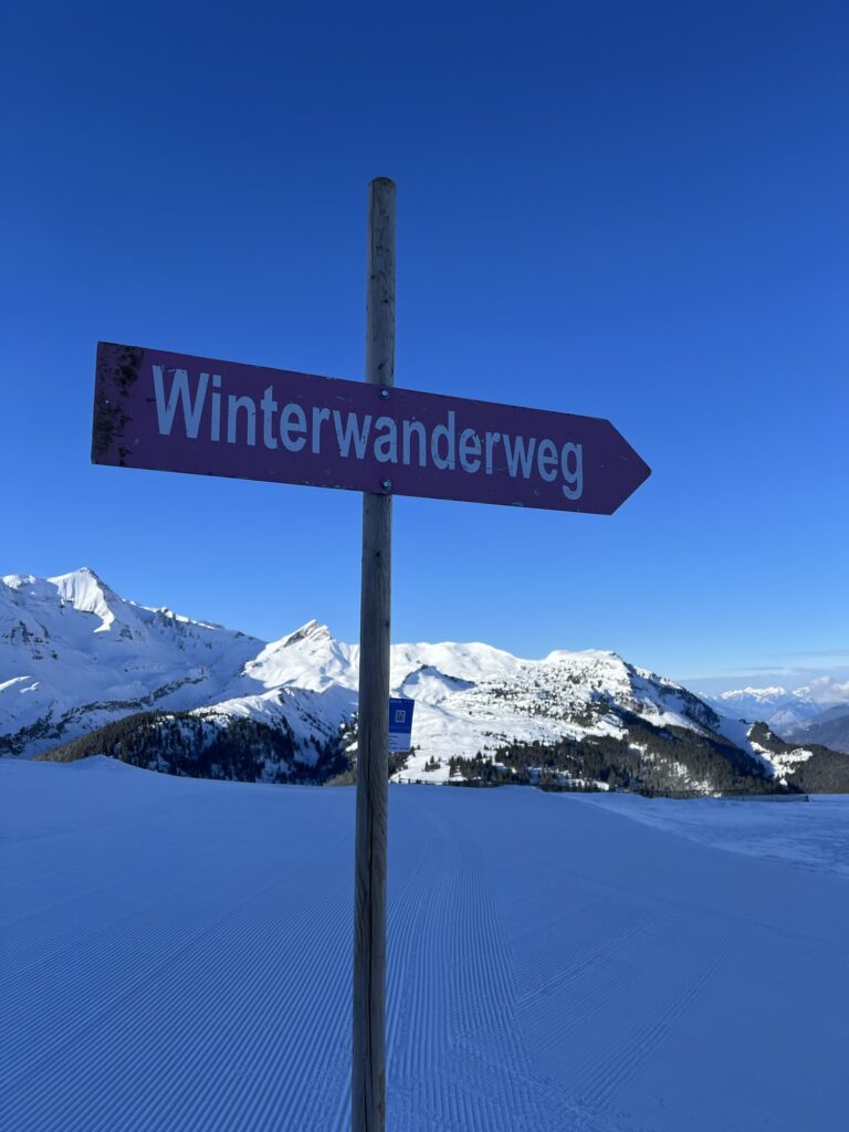 Wegweiser „Winterwanderweg“ auf präpariertem Schnee mit Panoramablick auf verschneite Schweizer Berglandschaft