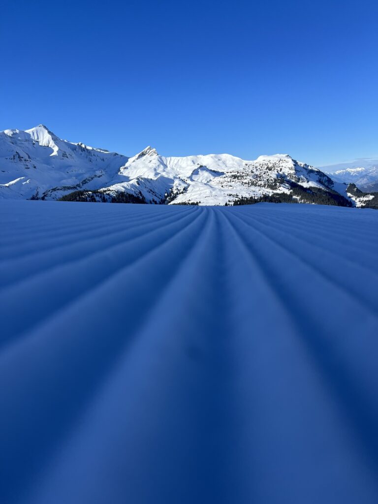 Frisch präparierter Winterwanderweg auf der Axalp mit Panorama der Berner Alpen