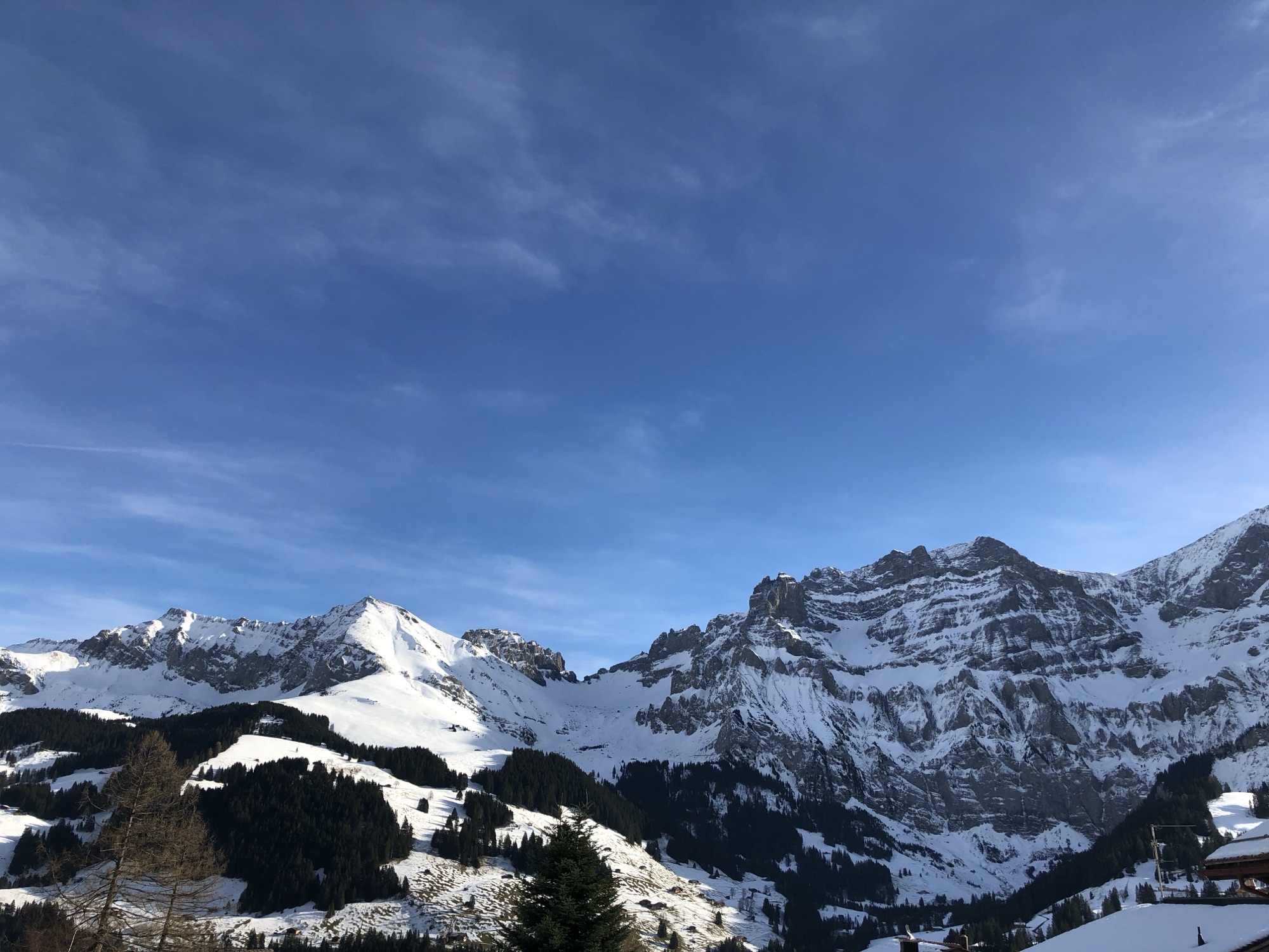 Panoramablick auf die verschneiten Berge bei Adelboden unter blauem Himmel im Winter
