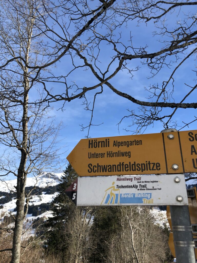 Wegweiser Hörnli Alpengarten am Hörelirundweg bei Adelboden mit Nordic Walking Trail Hinweis