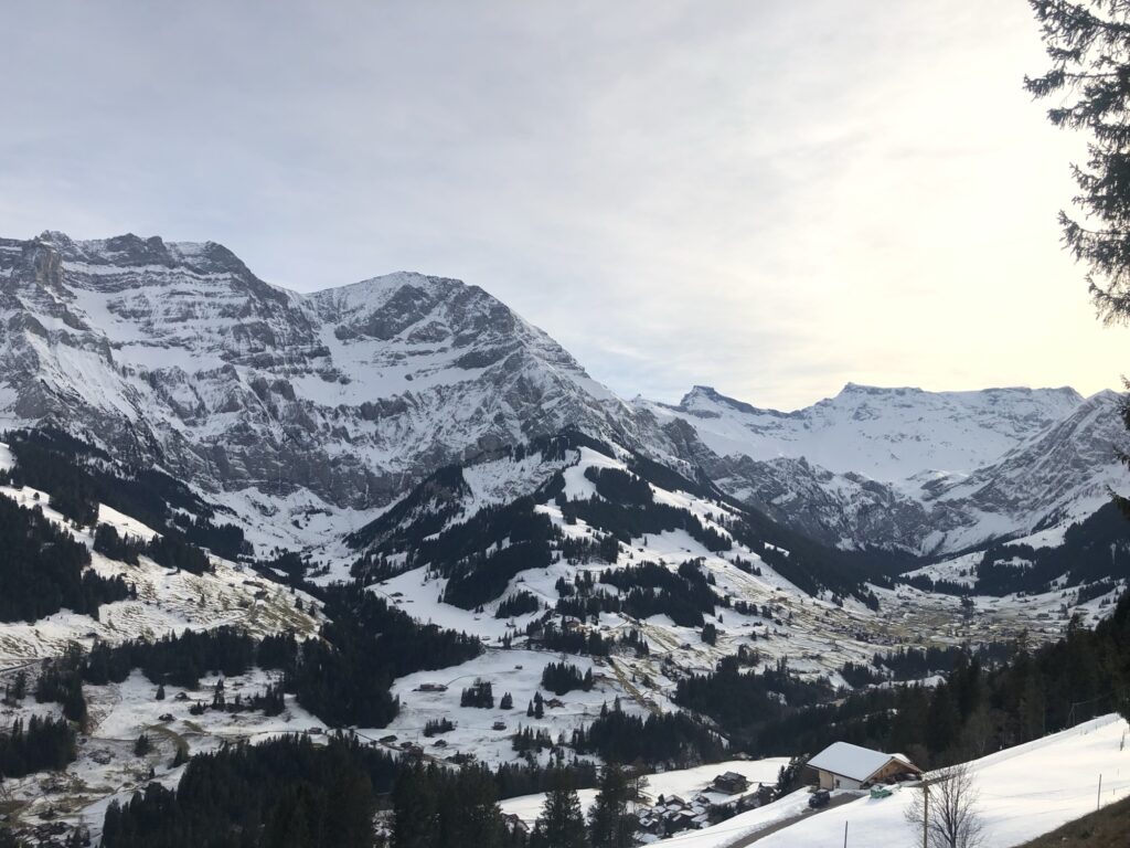 Weitblick über das Dorf Adelboden mit verschneiten Berghängen und Winterlandschaft