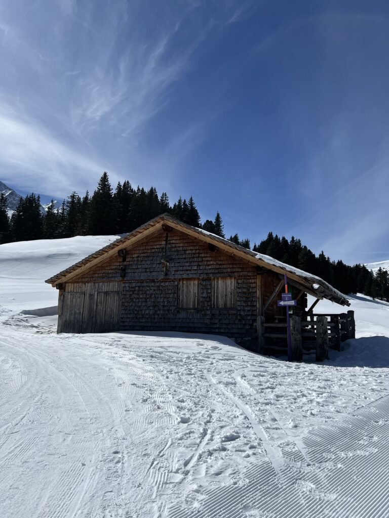 Verschneite Alphütte entlang des Winterwanderwegs zwischen Kleiner Scheidegg und Alpiglen.