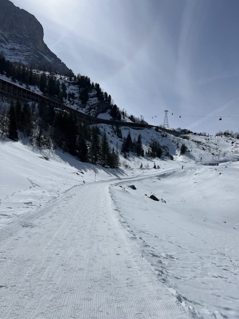 Breiter Winterwanderweg zwischen Kleiner Scheidegg und Alpiglen mit Blick auf die Bergbahn und verschneite Hänge.
