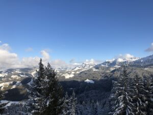 Weitblick über die verschneiten Hügel und Wälder des Berner Oberlands bei der Winterwanderung Heiligenschwendi–Blueme