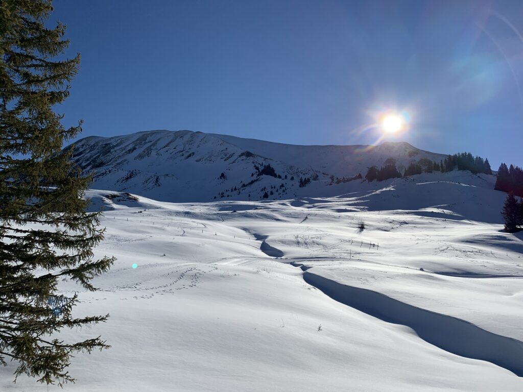 Winterlandschaft auf der Lombachalp mit tief stehender Sonne und Bergkamm