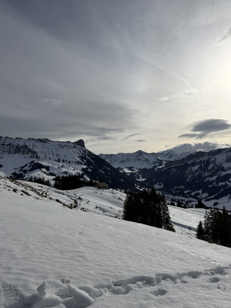 Winterliche Hügellandschaft unterhalb der Schrattenflue mit verschneiten Alpweiden