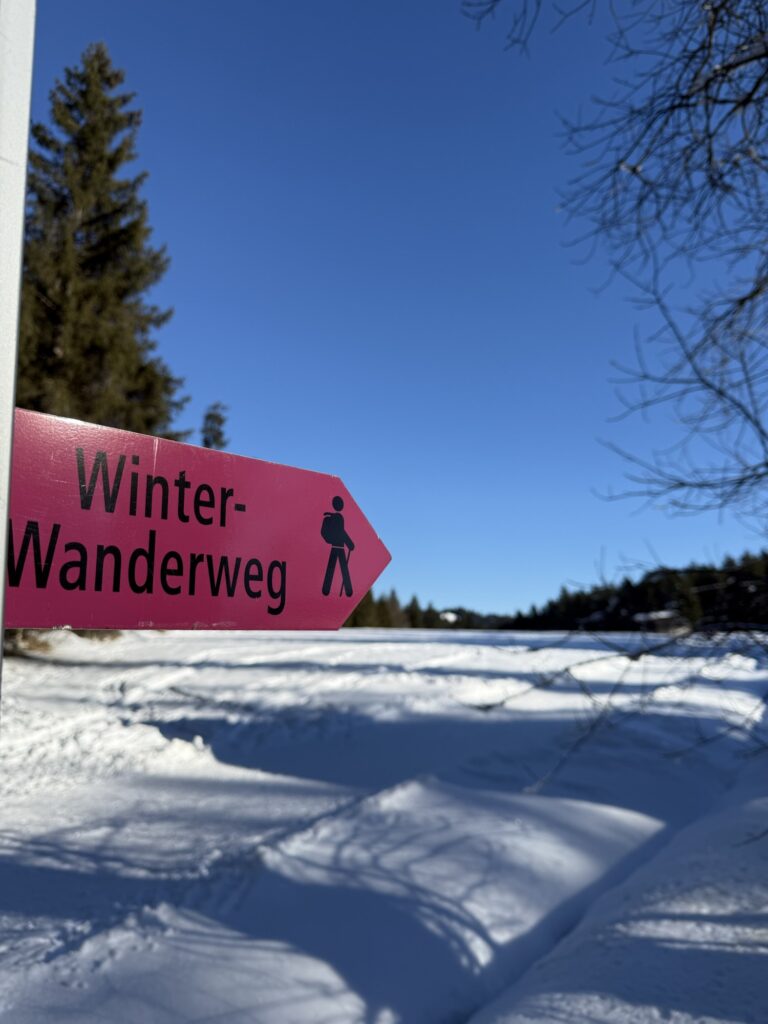 Wegweiser für Winterwanderweg beim Wandern in Bern – gut ausgeschilderte Berner Wanderwege im Winter